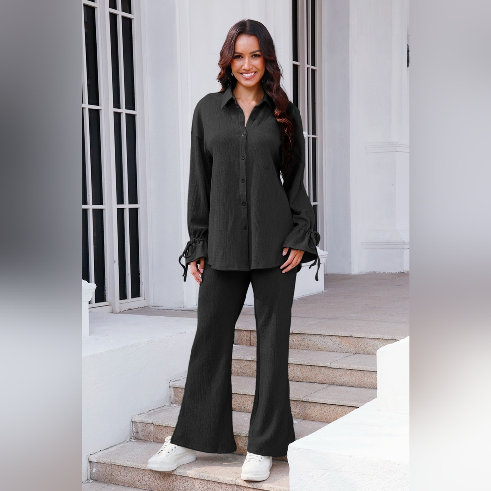 Women's Black Drawstring Flounce Sleeve Shirt and Pants 2Pc Set SALE 20% OFF